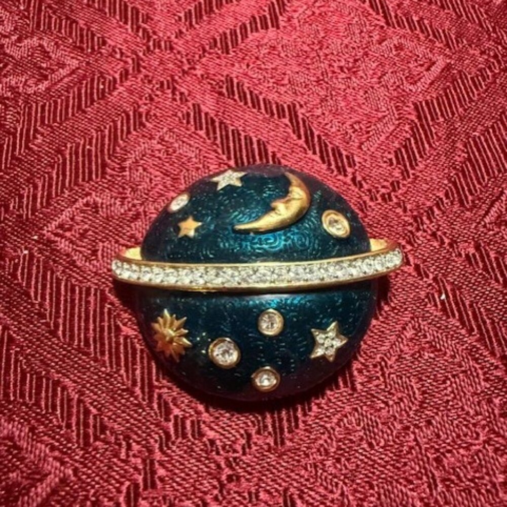 Swarovski Swan Signed Blue Enamel w/Crystals Celestial Planet Brooch Stars Moon